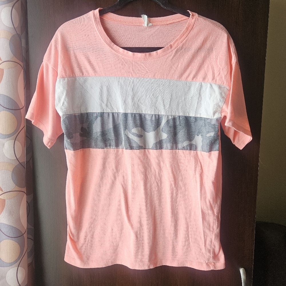 Coral and Grey Camouflage Stripe T-Shirt